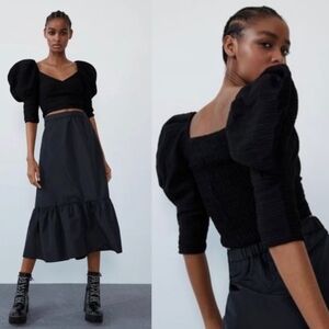 NWT Zara Elegant Black‎ Crop Puff  Sleeve Top